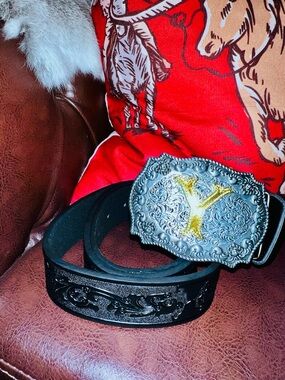 Black Leather Western Belt with Ornate Silver & Gold Buckle